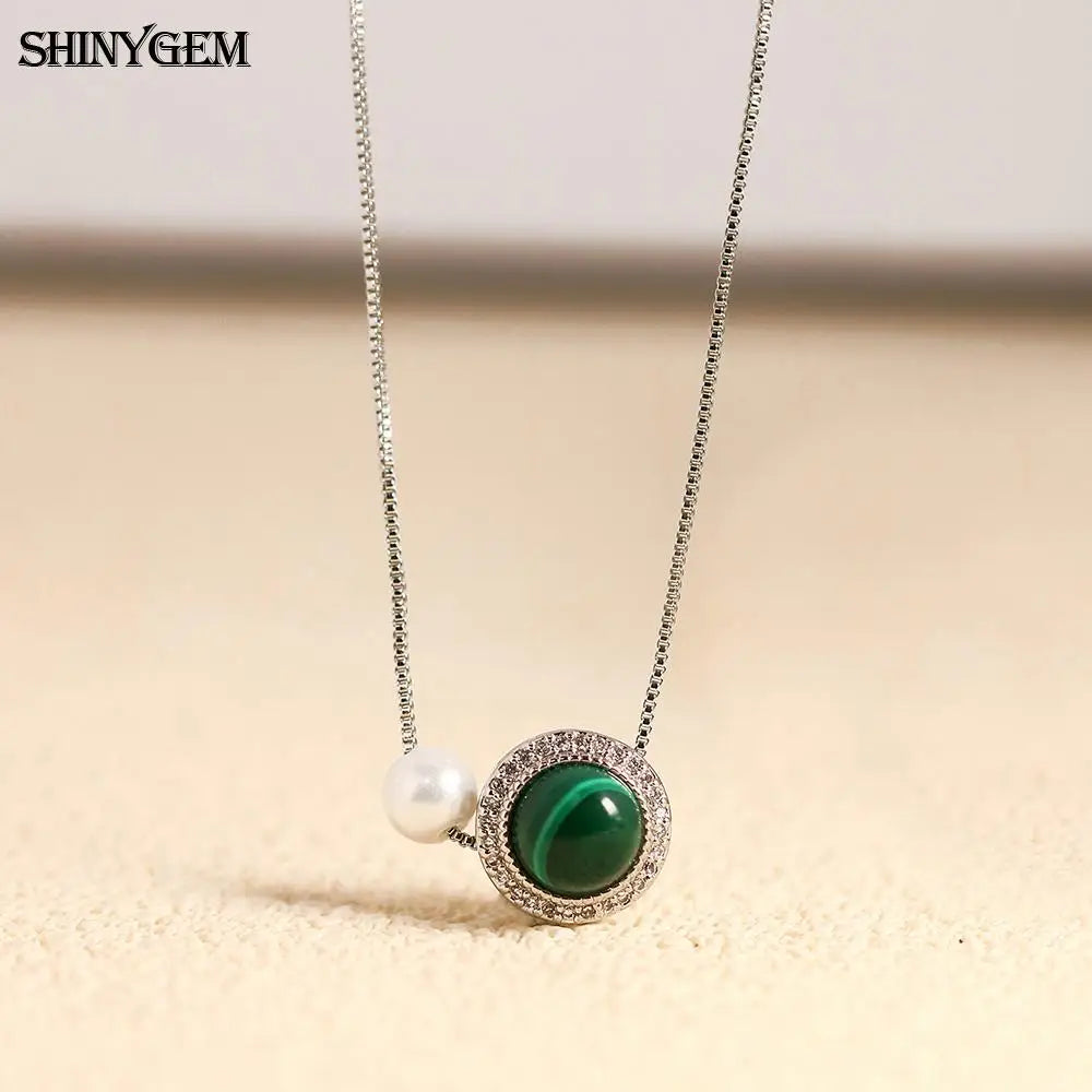 ShinyGem Woman 12 mm Natural Malachite & Pearl Pendant Zircon Accented Green Crystal Gemstone Jewelry Platinum Plated Necklace