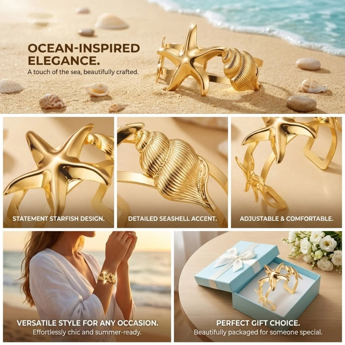 Summer Vacation Exaggerated Metal Starfish Shell Conch Bracelets For Women Men Big Sea Star Opening Bangle Beach Party Jewelry