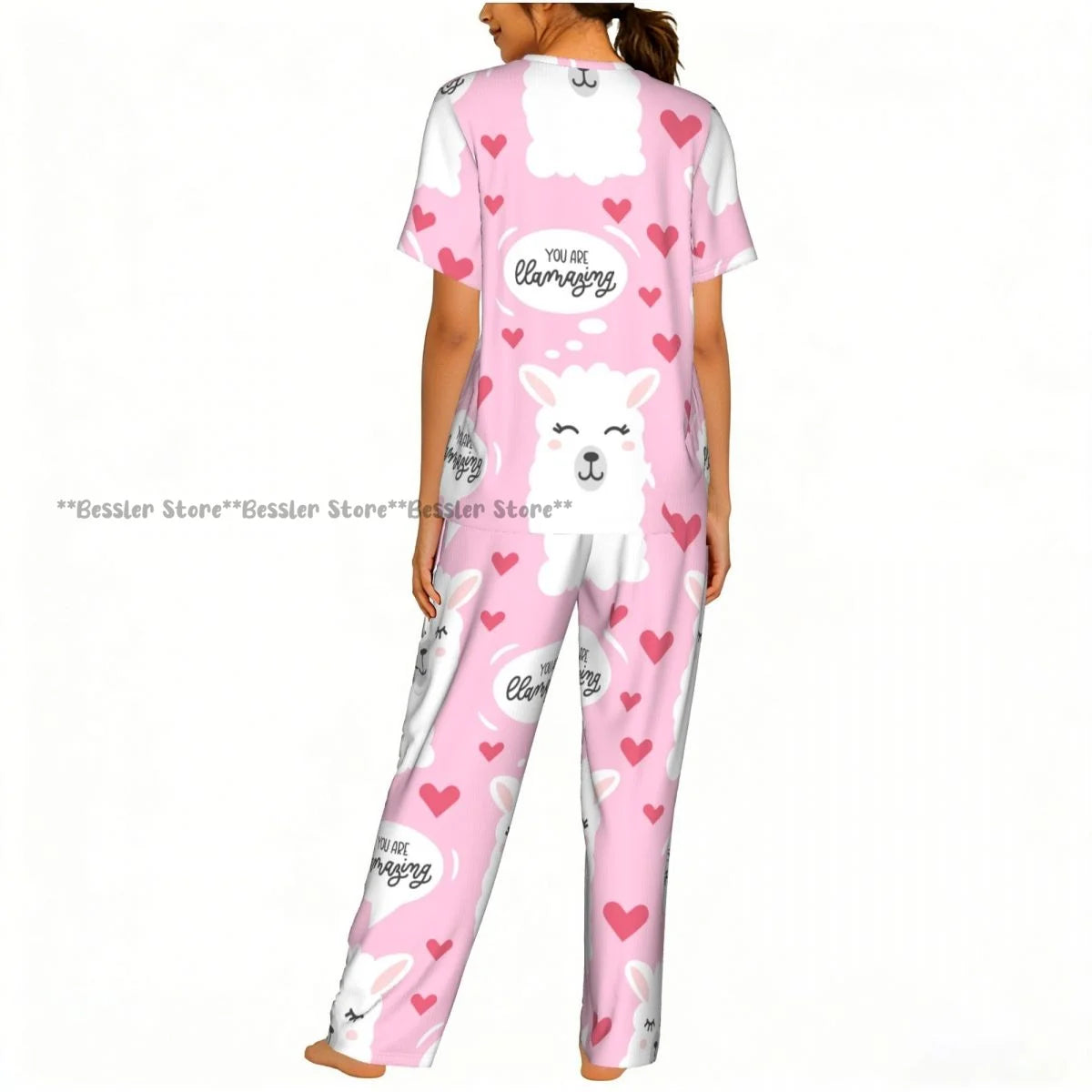 Women's 2-piece set You Are Llamazing Llama Pattern With Hearts Pajamas Short sleeved Top and Pants Sleepwear