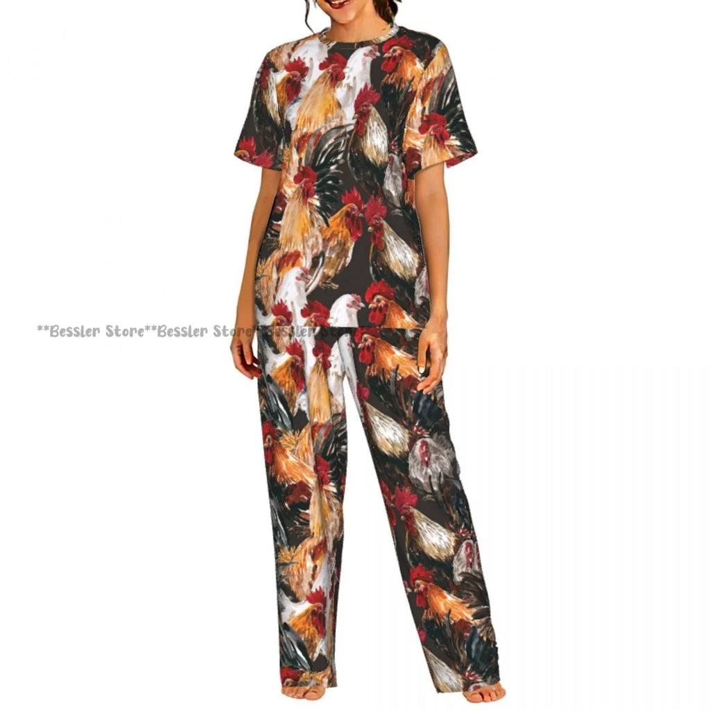 Women's Comfort Pajamas Women's Hand Drawn Rooster Hens And Chickens Short Sleeve Set Sleepwear