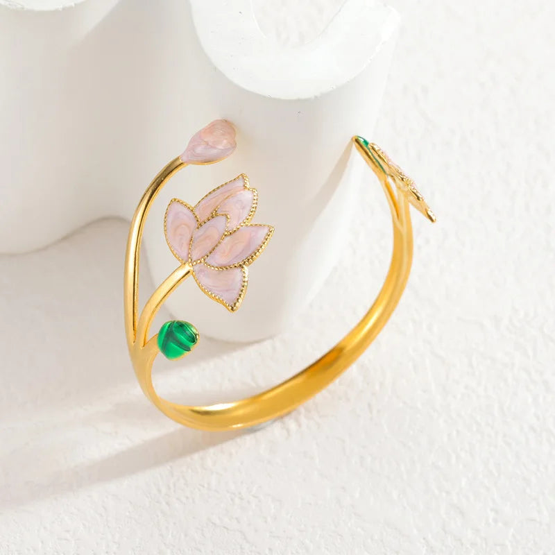 DIEYURO 316L Stainles Steel Pink Dripping Oil Lotus Opening Bracelet Lady New Trend Classic Waterproof Wrist Chain Jewelry Party