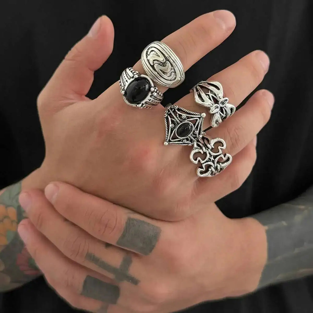 IngeSight.Z 5Pcs/set Punk Hollowout Chunky Open Ring Men Gothic Irregular Geometry Finger Rings Jewelry Halloween Party Gift