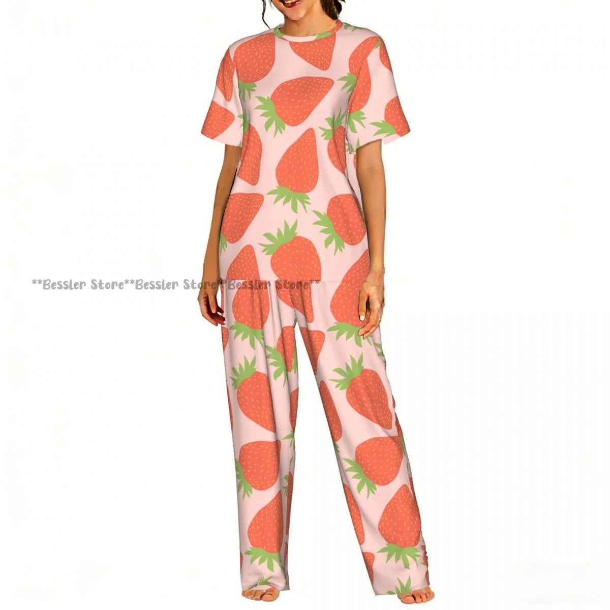 Women's Pajamas Set Strawberry Illustration Short Sleeve Sleepwear 2 Piece Homewear Loungewear