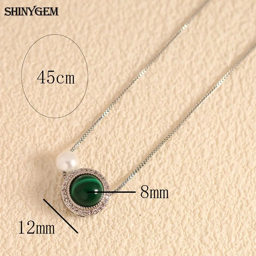 ShinyGem Woman 12 mm Natural Malachite & Pearl Pendant Zircon Accented Green Crystal Gemstone Jewelry Platinum Plated Necklace