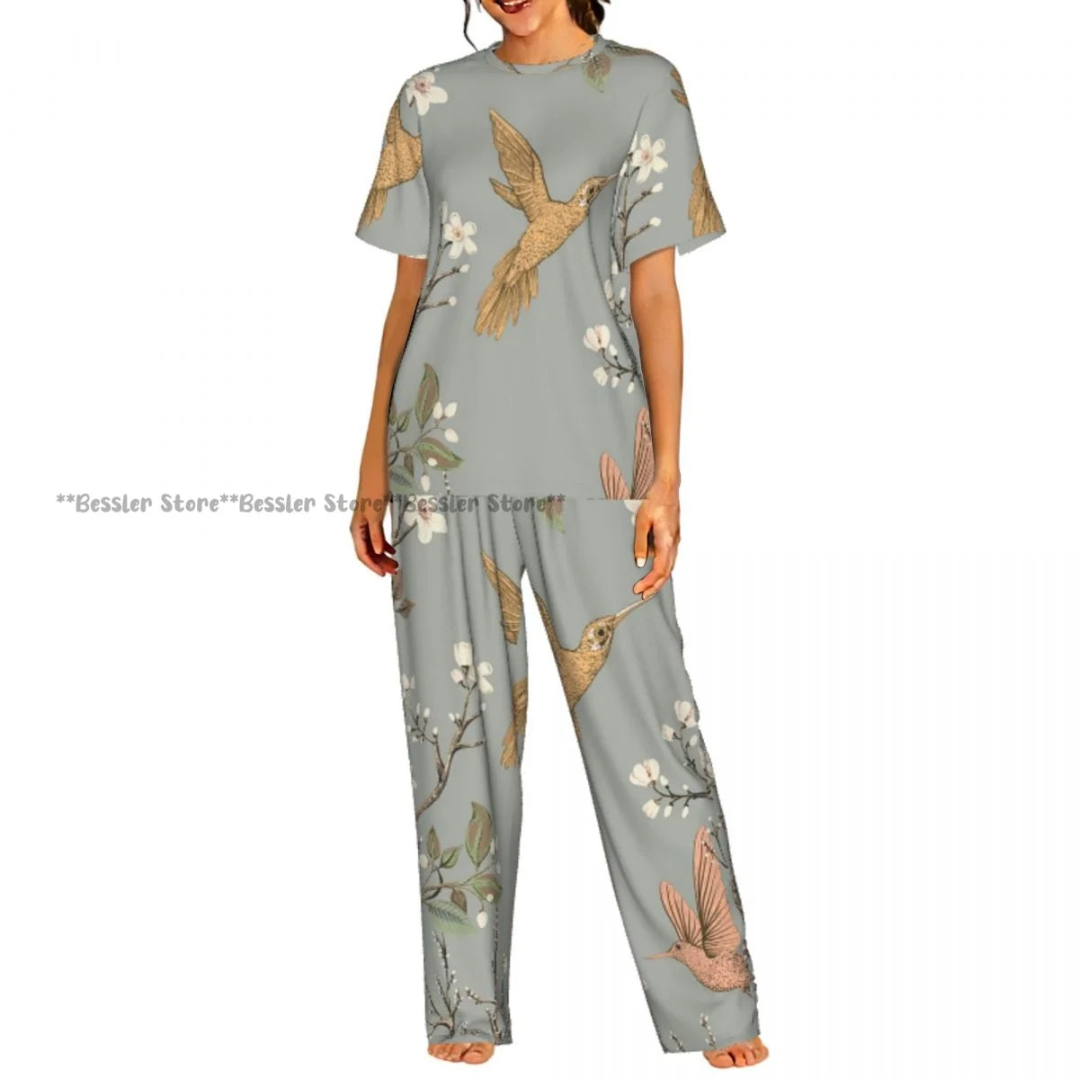 Women's Floral Flowers And Leaves short sleeve trousers casual pajamas set