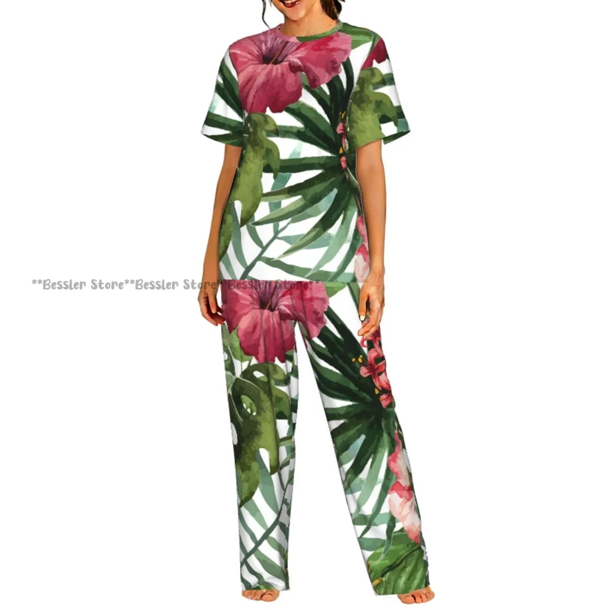 Women's Pajamas Set Tropical Flowers Short Sleeve Sleepwear 2 Piece Homewear Loungewear