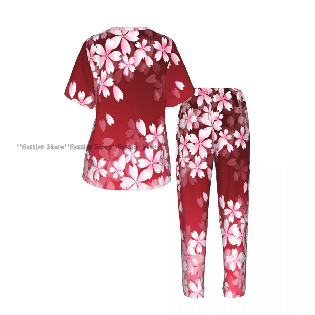 Women's 2-piece set Cherry Spring Flower Pajamas Short sleeved Top and Pants Sleepwear