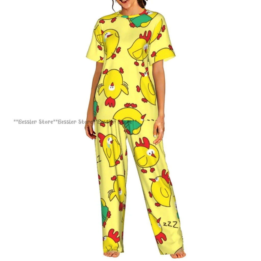 Women Pajama Sets Lounge Sleepwear Crispy Fried Chicken Pattern Short Sleeve Nightwear