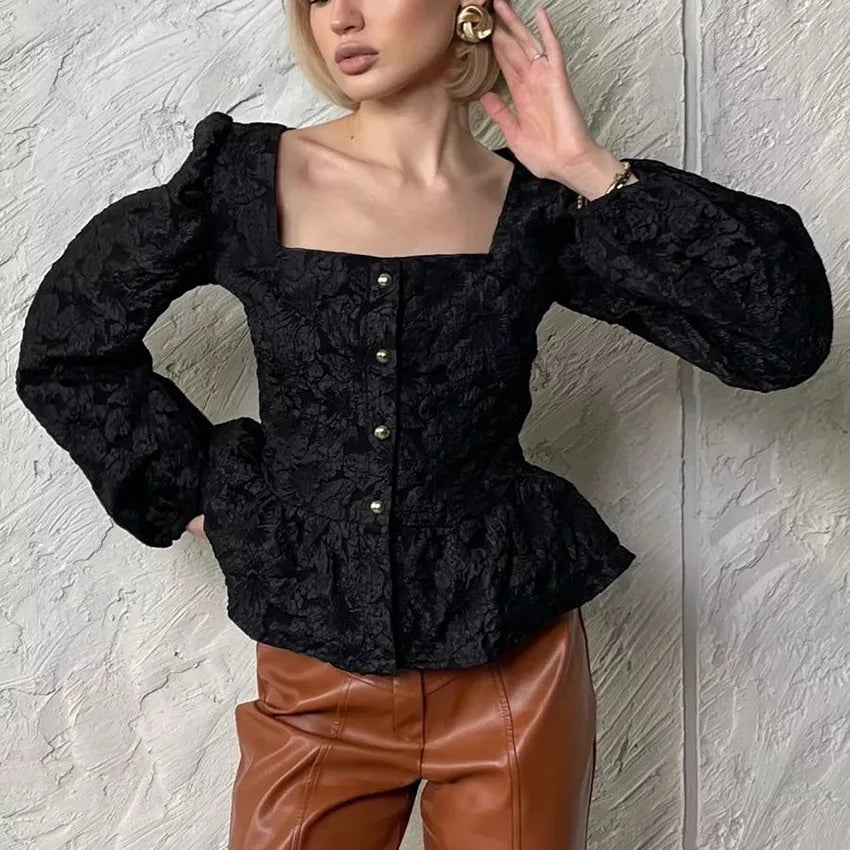 Ladies Elegant Jacquard Square Neck Puff Sleeve Blouse, Button Front Peplum Top for Party, Office and Daily Wear