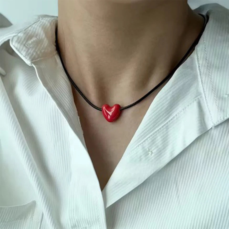 ZAKOL Korean Fashion Long Black Braided Cord Ceramic Heart Pendant Necklace Niche Retro Minimalist Elegant Choker for Women