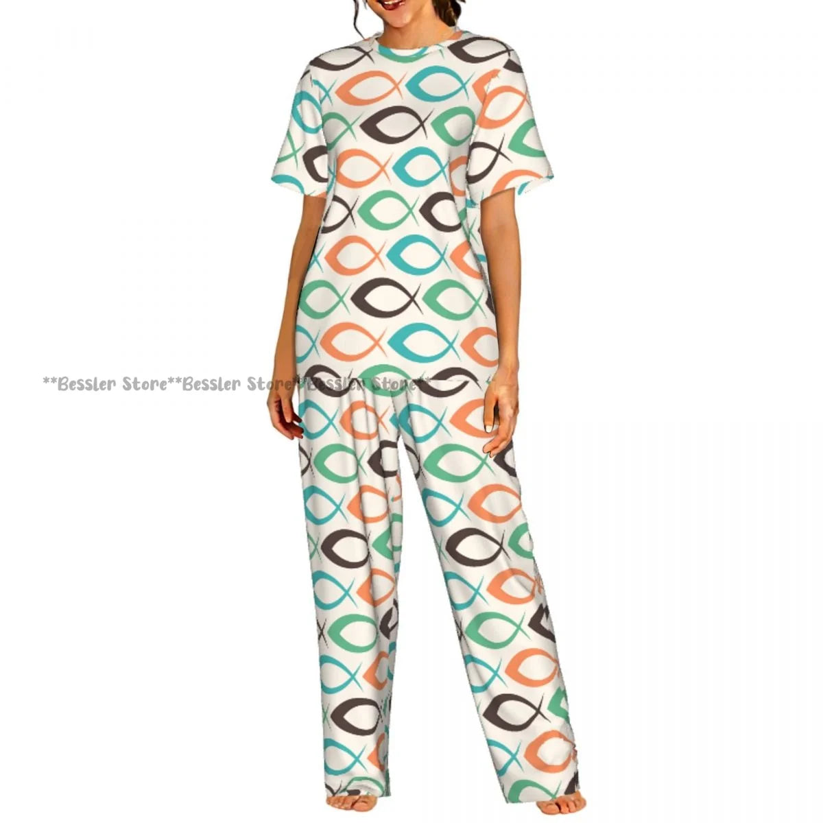 Women's Colorful Fish Pattern short sleeve trousers casual pajamas set