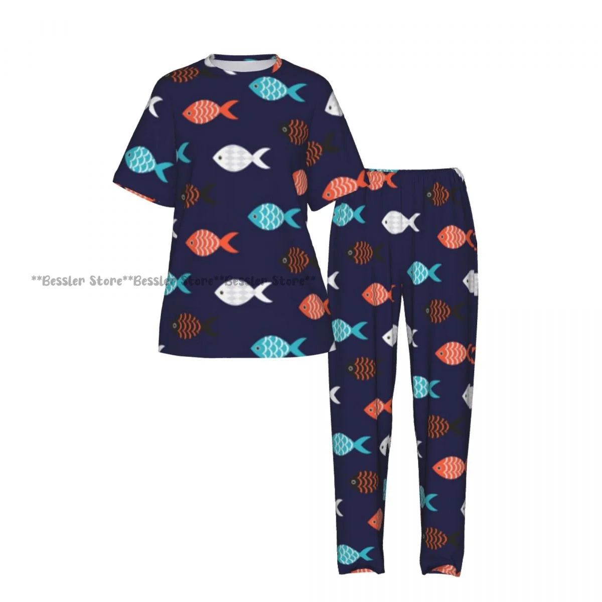 Women's Colorful Fish Pattern short sleeve trousers casual pajamas set