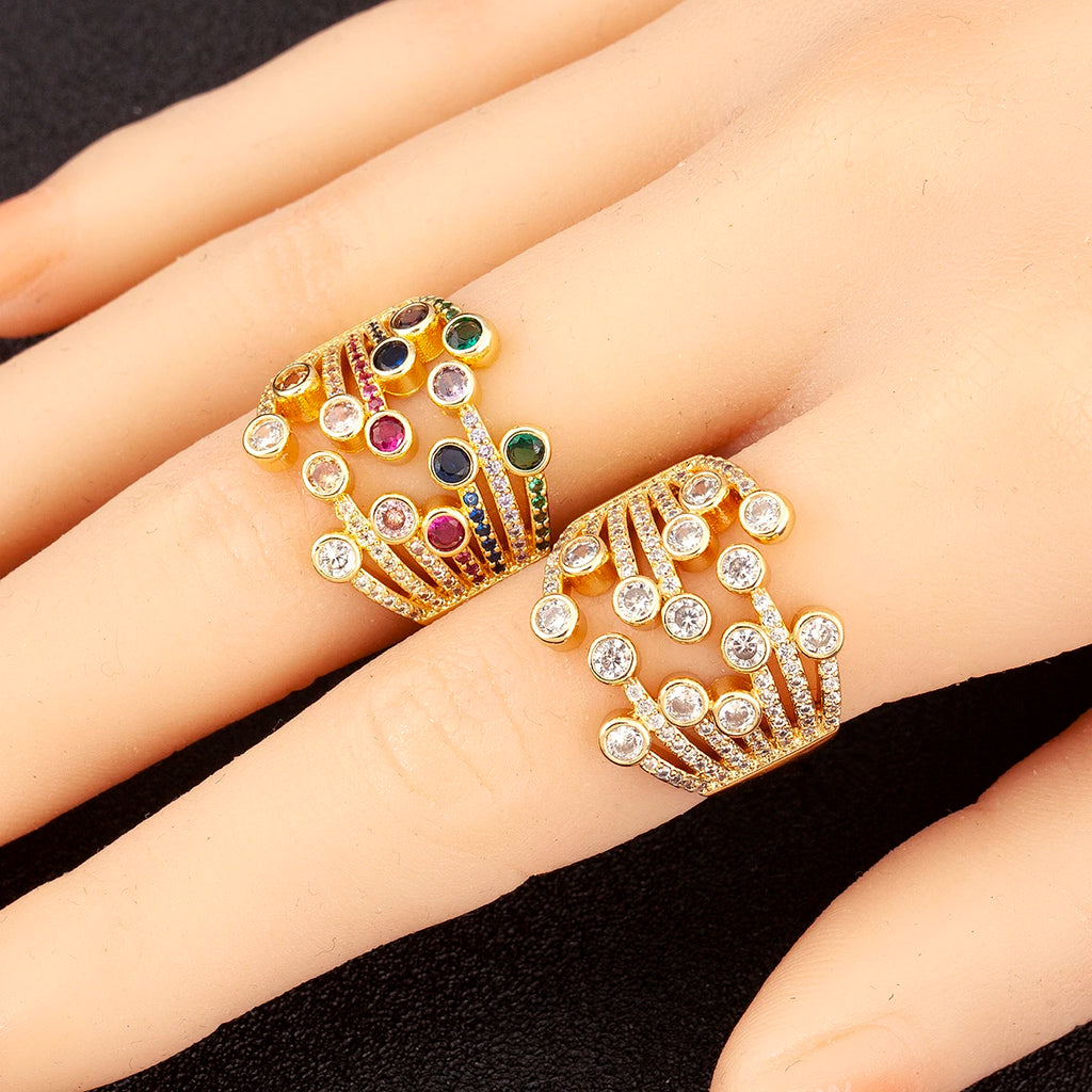 Nidin Light Luxury Colourful/White Crystal Zircon Open Rings For Female Male Exaggerated Personality Adjustable Finger Jewelry