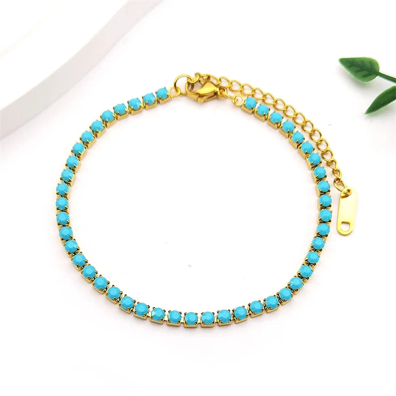 Trend Blue Rectangle Rhinestones Bracelet for Women Girls Stainless Steel Gold Color Fashion Hand Chain Jewelry ZZZ719-2