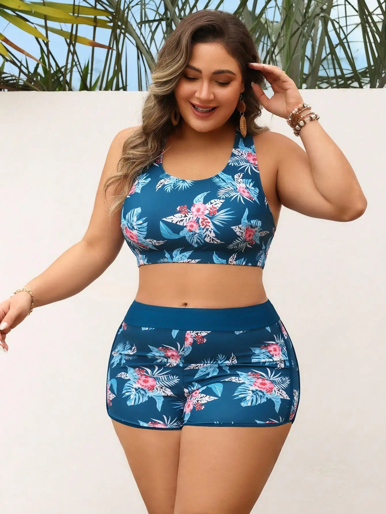 Plus Size Women 3 Piece Swimsuit Set Floral Print Sleeveless Cover Up Racerback Bra Top And Shorts For Beach Pool