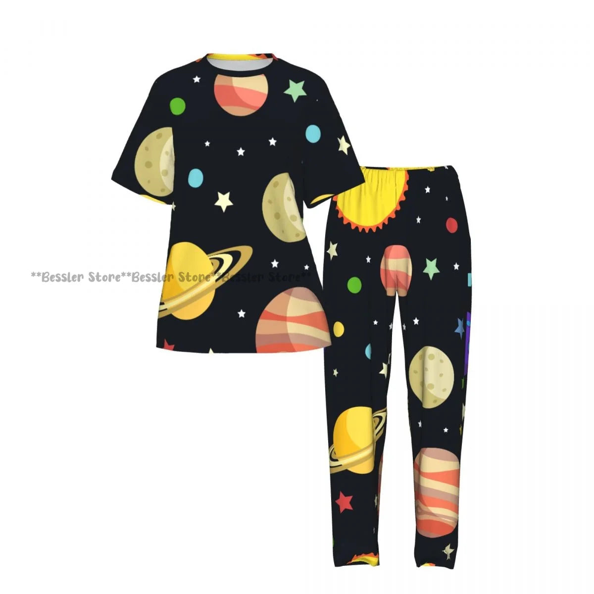 Women's Pajamas Set Space Planets Stars Comets Constellations Short Sleeve Sleepwear 2 Piece Homewear Loungewear