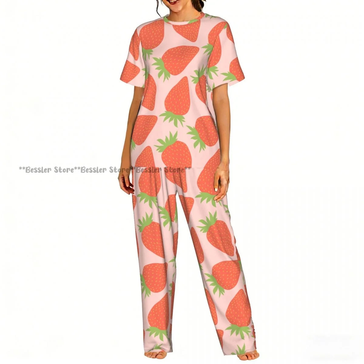 Women's Pajamas Set Strawberry Illustration Short Sleeve Sleepwear 2 Piece Homewear Loungewear