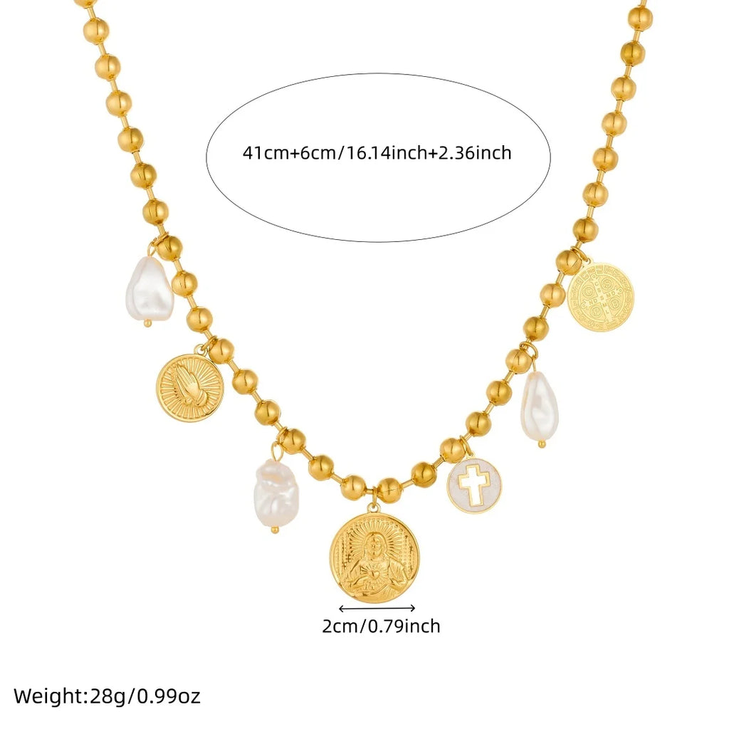 DIEYURO 316L Stainless Steel Retro Portrait Cross Palm Pearl Pendant Beads Necklace Bracelet Set Lady Fashion Waterproof Jewelry
