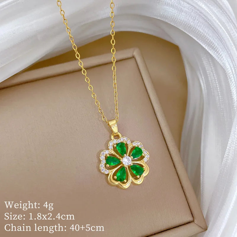 DIEYURO 316L Stainless Steel Green Zircon Five Petal Flower Pendant Necklace For Women New Fashion Collarbone Chain Jewelry Gift