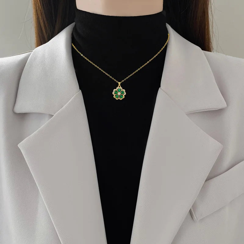 DIEYURO 316L Stainless Steel Green Zircon Five Petal Flower Pendant Necklace For Women New Fashion Collarbone Chain Jewelry Gift
