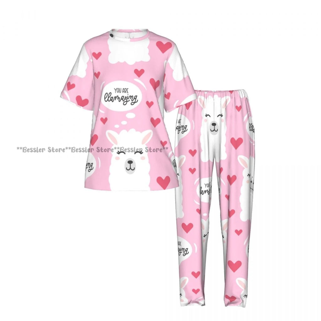 Women's 2-piece set You Are Llamazing Llama Pattern With Hearts Pajamas Short sleeved Top and Pants Sleepwear
