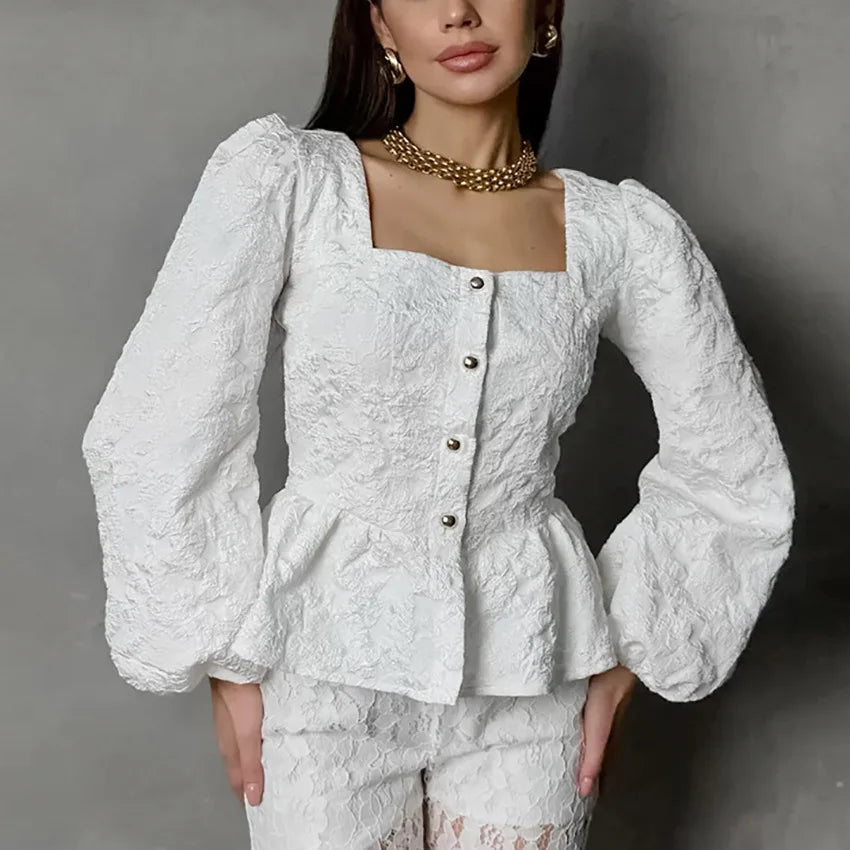 Ladies Elegant Jacquard Square Neck Puff Sleeve Blouse, Button Front Peplum Top for Party, Office and Daily Wear