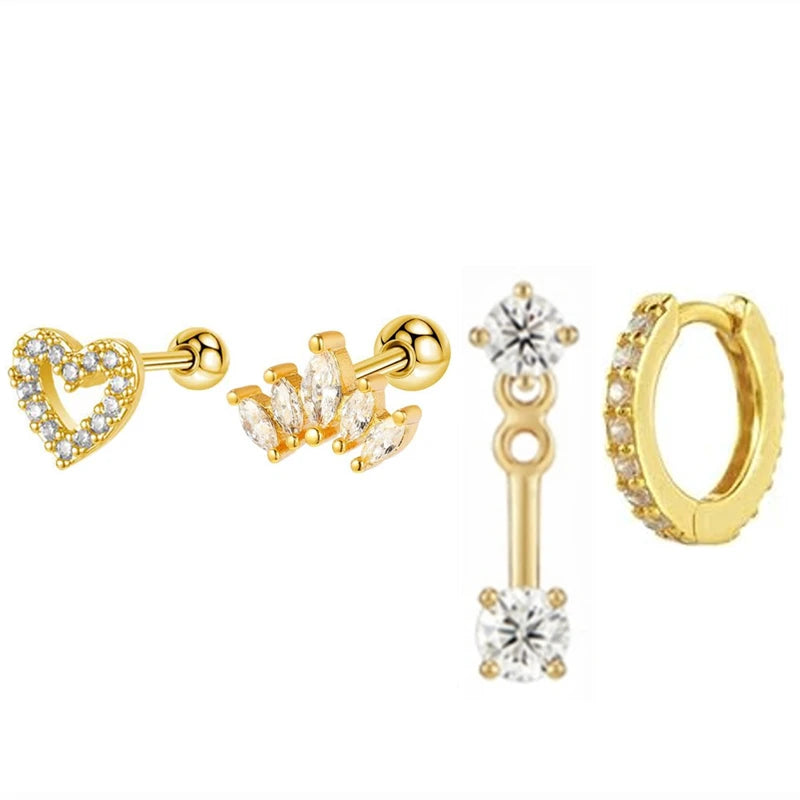 4PCS Stainless Steel Circle Huggie Hoop Earrings Set for Women Gold Color Unique Zircon Flower Stud Earring Piercing Jewelry