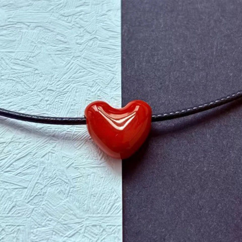 ZAKOL Korean Fashion Long Black Braided Cord Ceramic Heart Pendant Necklace Niche Retro Minimalist Elegant Choker for Women