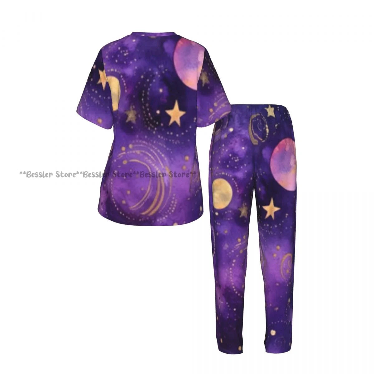Women's 2-piece set Gold Stars And Planets Pajamas Short sleeved Top and Pants Sleepwear