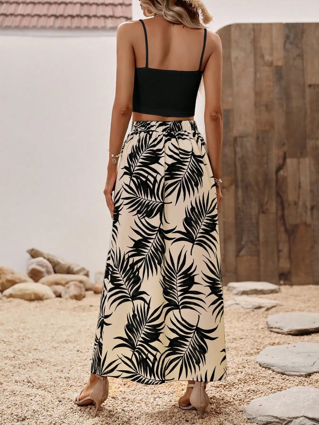 Women 2 Piece Set Black Crop Top And Palm Print Slit Maxi Skirt For Vacation
