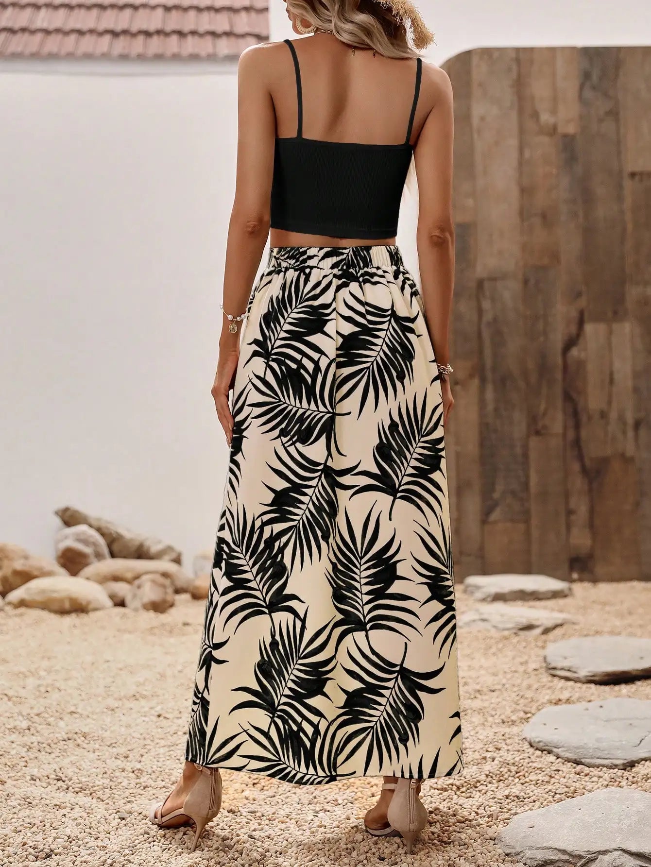 Women 2 Piece Set Black Crop Top And Palm Print Slit Maxi Skirt For Vacation