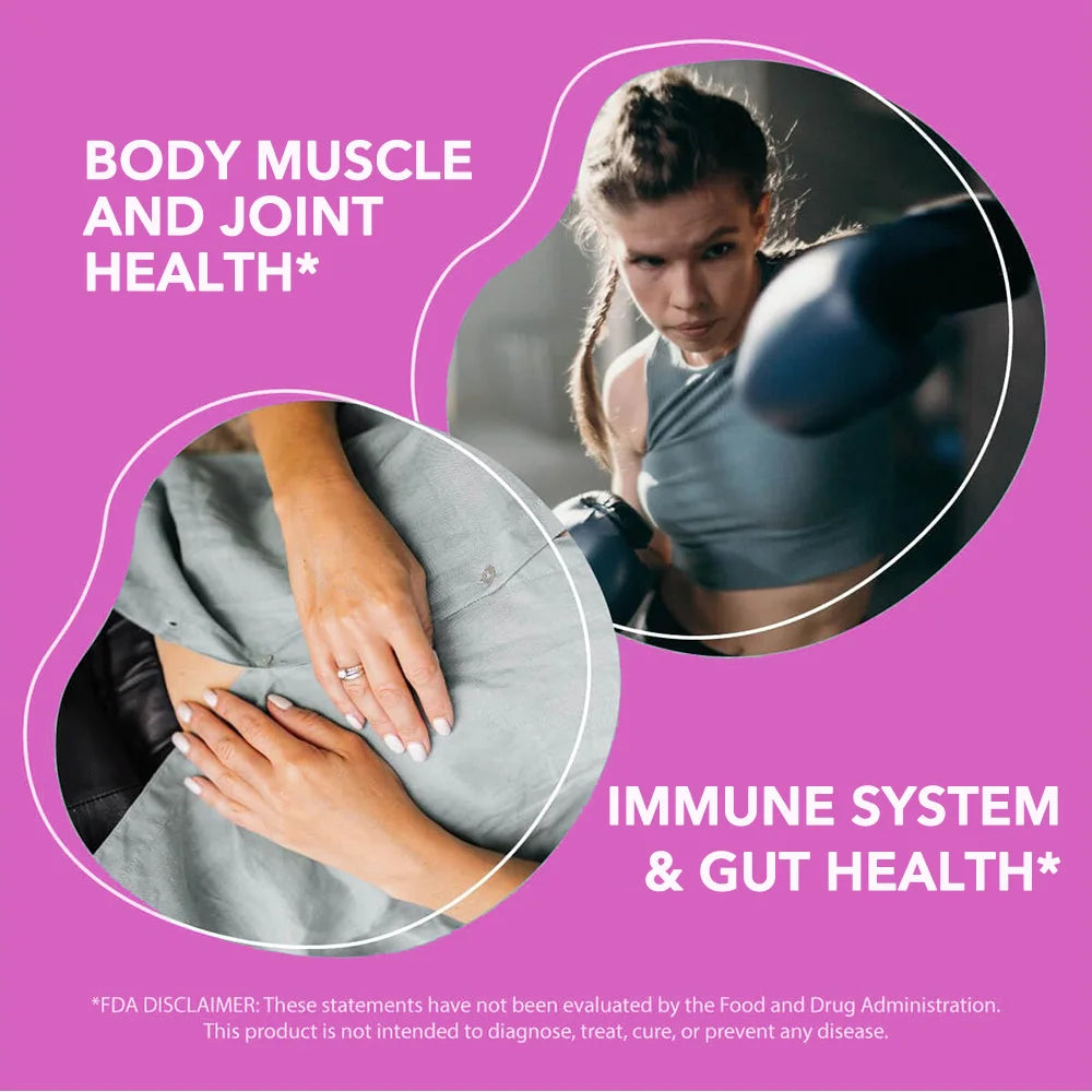 Collagen peptides - containing types I, III, V, and X collagen - support skin, hair, nails, joints, and gut health.