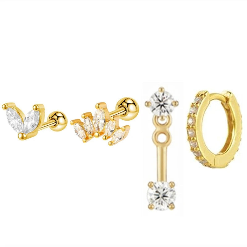 4PCS Stainless Steel Circle Huggie Hoop Earrings Set for Women Gold Color Unique Zircon Flower Stud Earring Piercing Jewelry