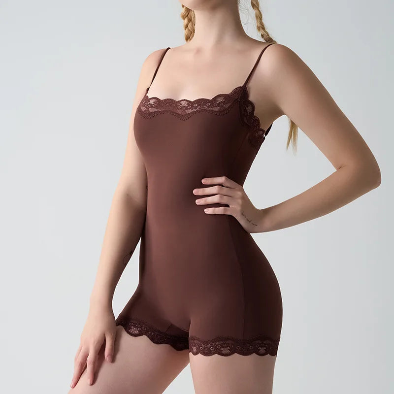 Summer Hot Girl Lace Edge Shoulder Strap Adjustable Jumpsuit Tight Fitting Vest Bodysuits Women's Sports Yoga Shapewear Camisole