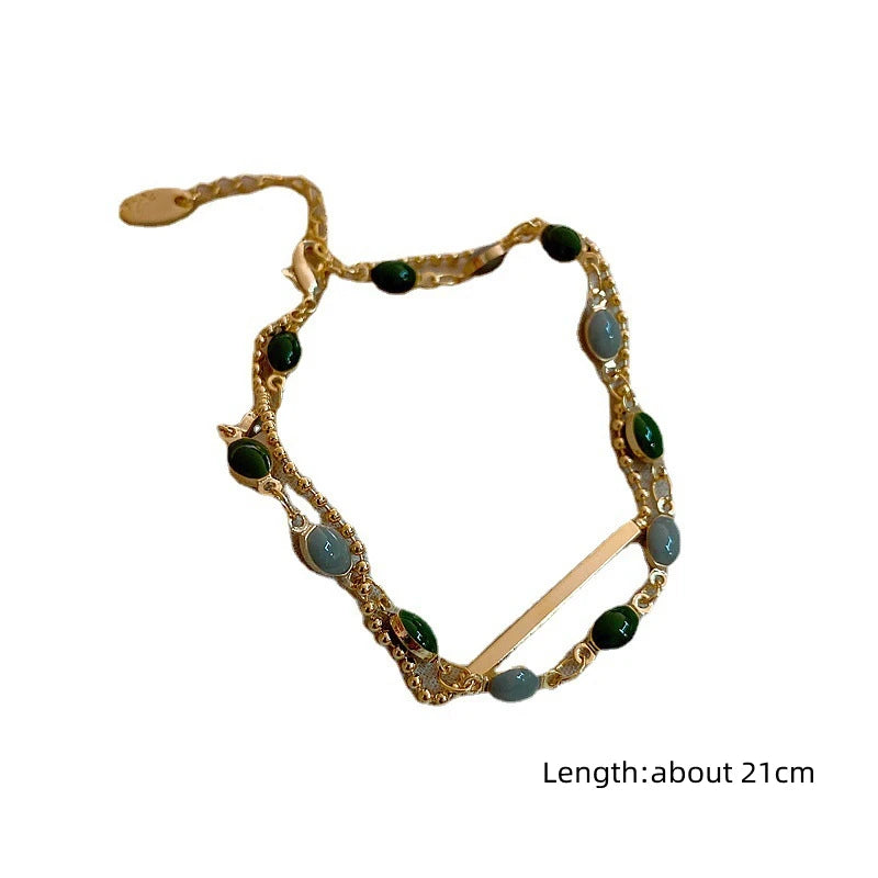 Beaded Chain Double Layered Adjustable Bracelet Vintage Blue Green Color Crystal Charm Baguette Bracelets for Women Jewelry