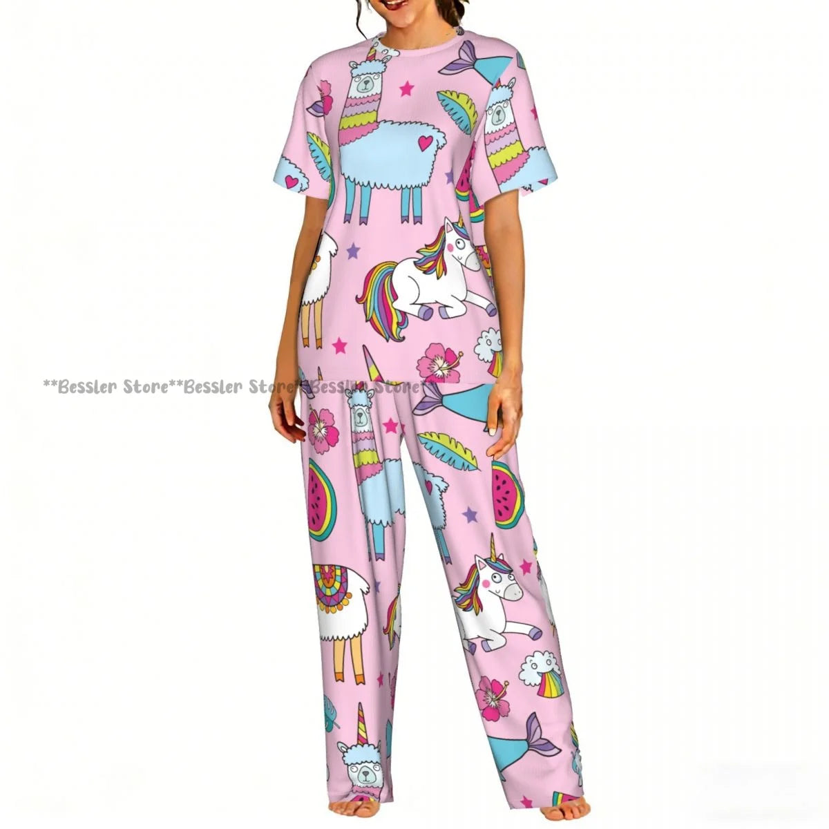 Women's 2-piece set You Are Llamazing Llama Pattern With Hearts Pajamas Short sleeved Top and Pants Sleepwear