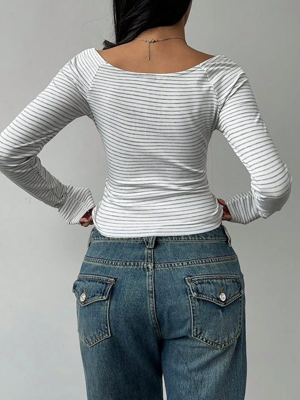Casual Striped Knitted Long Sleeve Fitted Cropped Top For Women