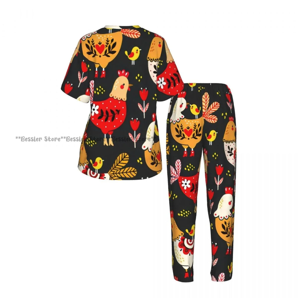 Women's Comfort Pajamas Women's Rooster Hens And Chickens Background Short Sleeve Set Sleepwear