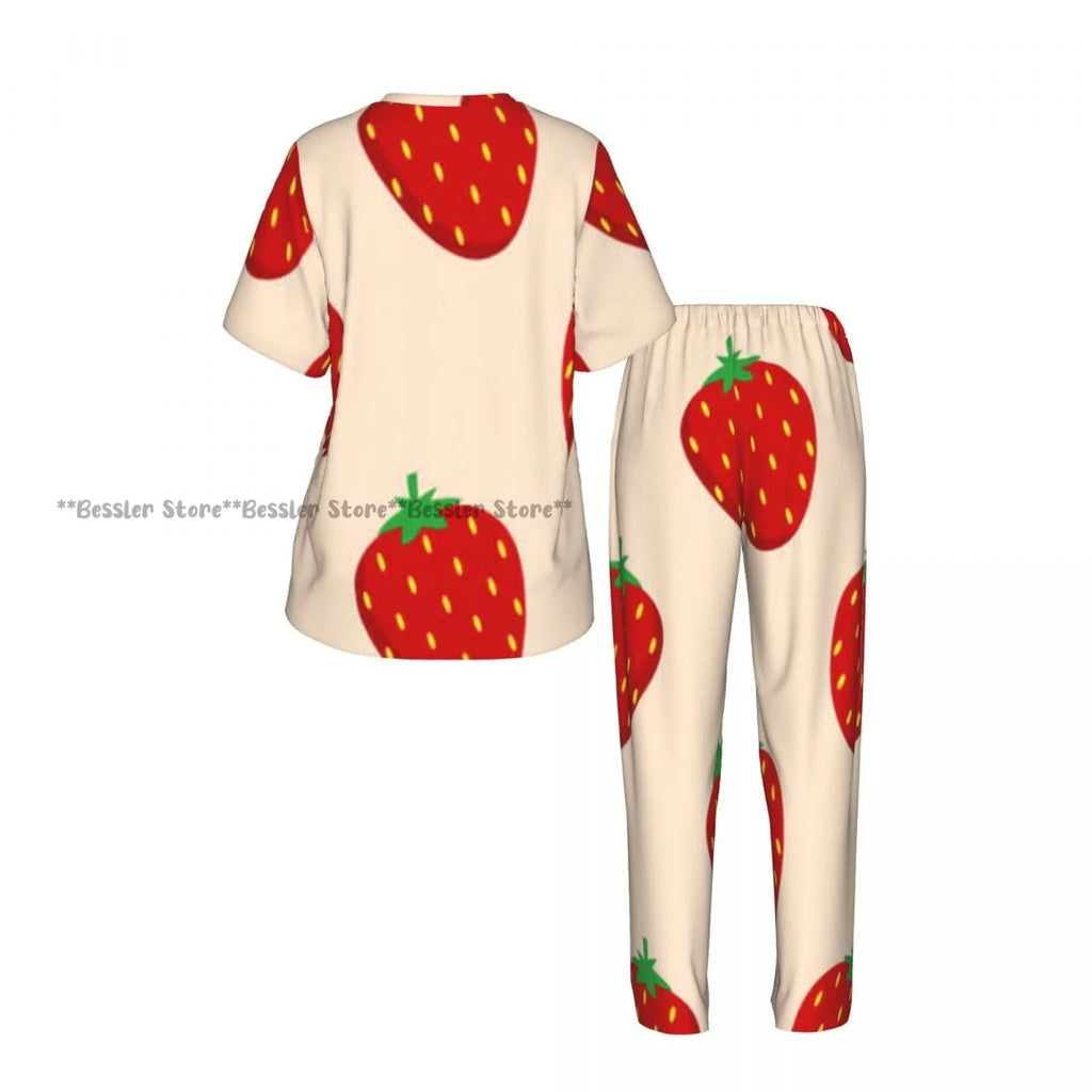 Women's Pajamas Set Strawberry Illustration Short Sleeve Sleepwear 2 Piece Homewear Loungewear