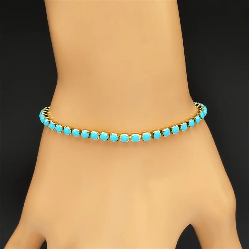 Trend Blue Rectangle Rhinestones Bracelet for Women Girls Stainless Steel Gold Color Fashion Hand Chain Jewelry ZZZ719-2
