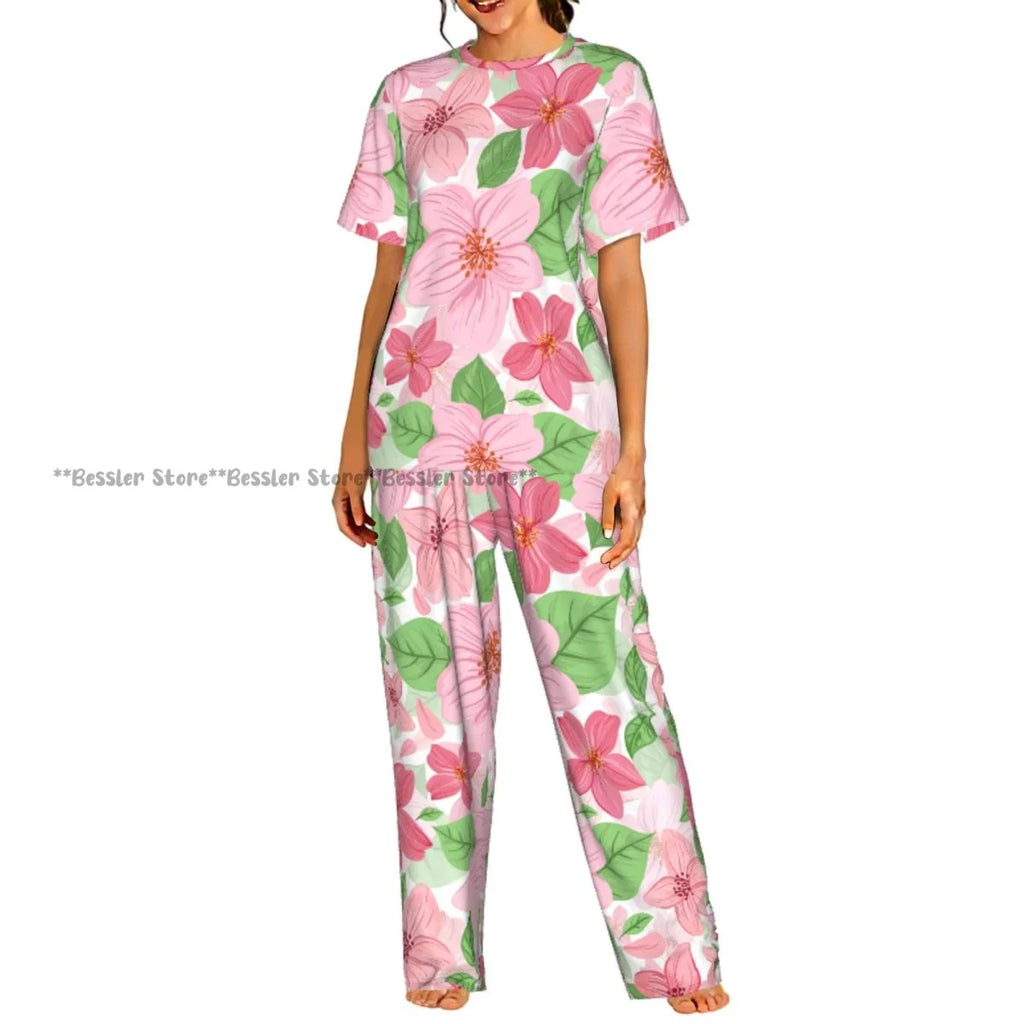 Women's Floral Flowers And Leaves short sleeve trousers casual pajamas set