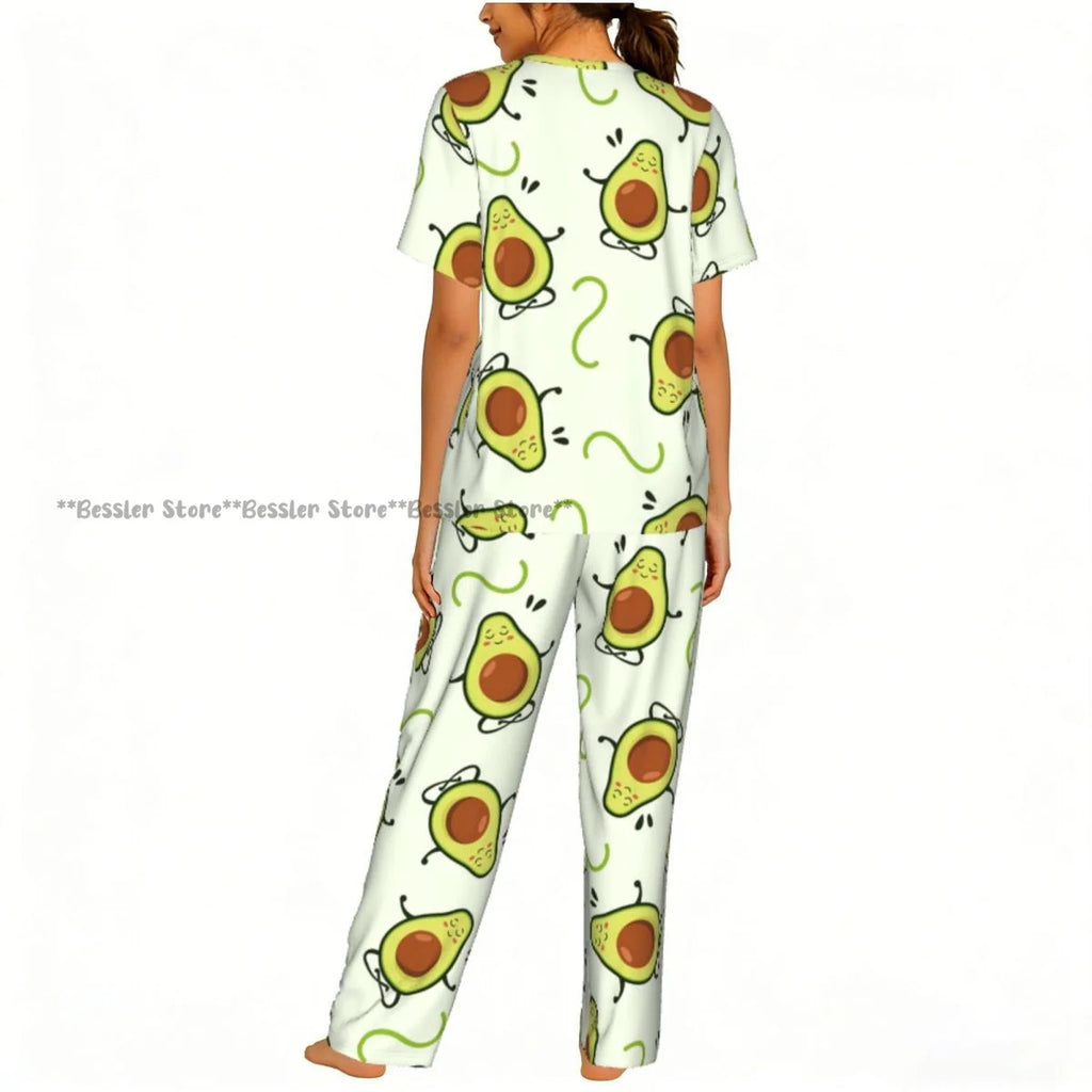 Women Pajama Sets Lounge Sleepwear Avocado Character Short Sleeve Nightwear