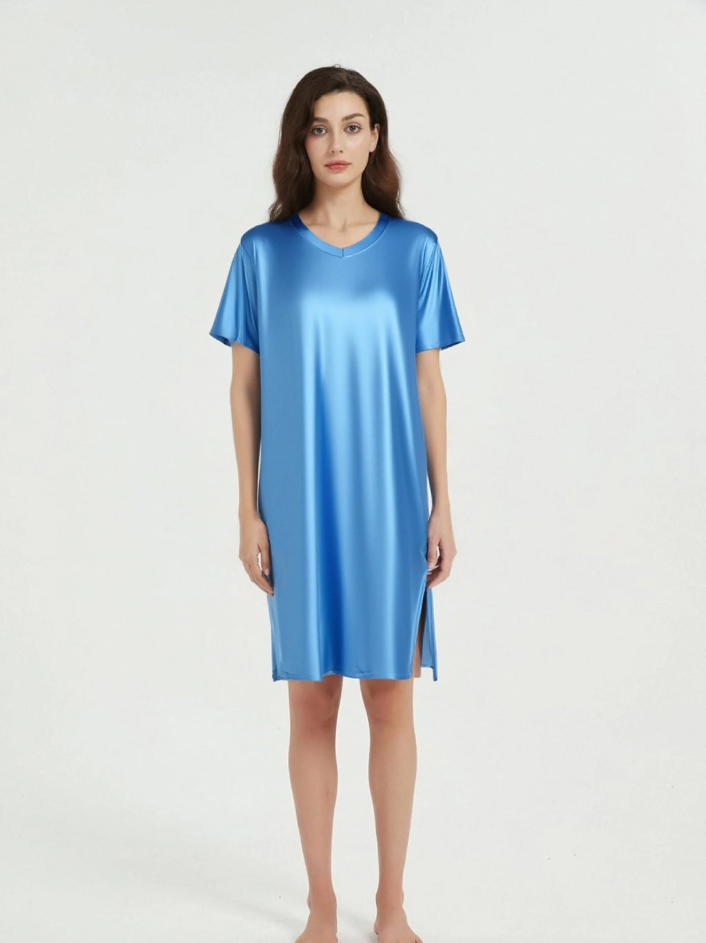 Women's Glossy Soft Silky Long Dress High Stretch V-neck Long Sleeve Loose Casual Nightgown Comfortable plus Size Home Wear