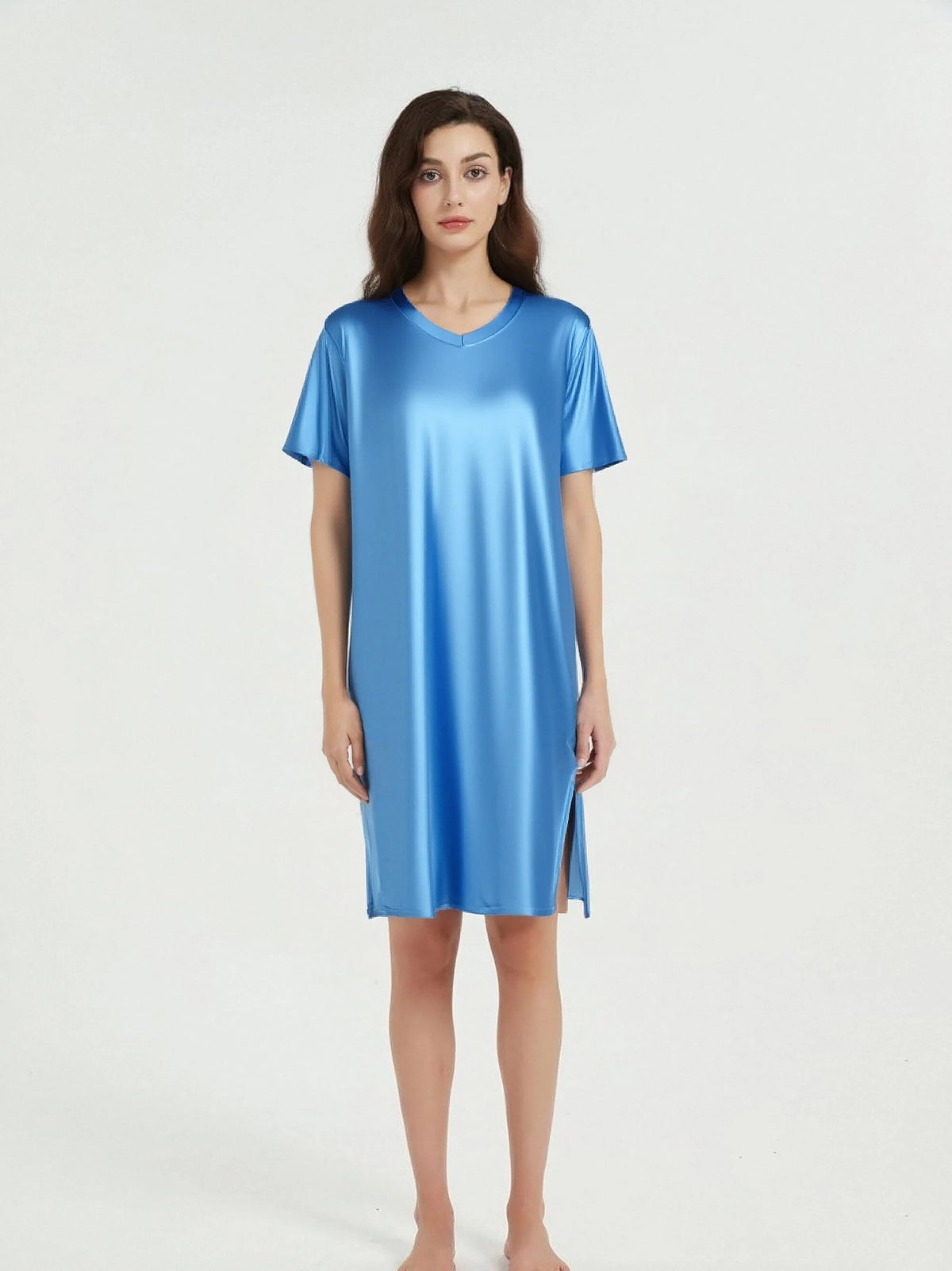 Women's Glossy Soft Silky Long Dress High Stretch V-neck Long Sleeve Loose Casual Nightgown Comfortable plus Size Home Wear
