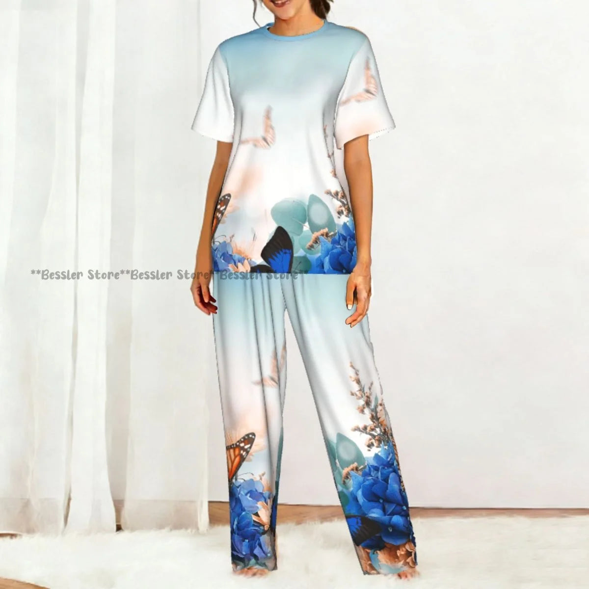 Women's Pajamas Set Blue Hydrangeas And Daisies Floral Butterflies Short Sleeve Sleepwear 2 Piece Homewear Loungewear