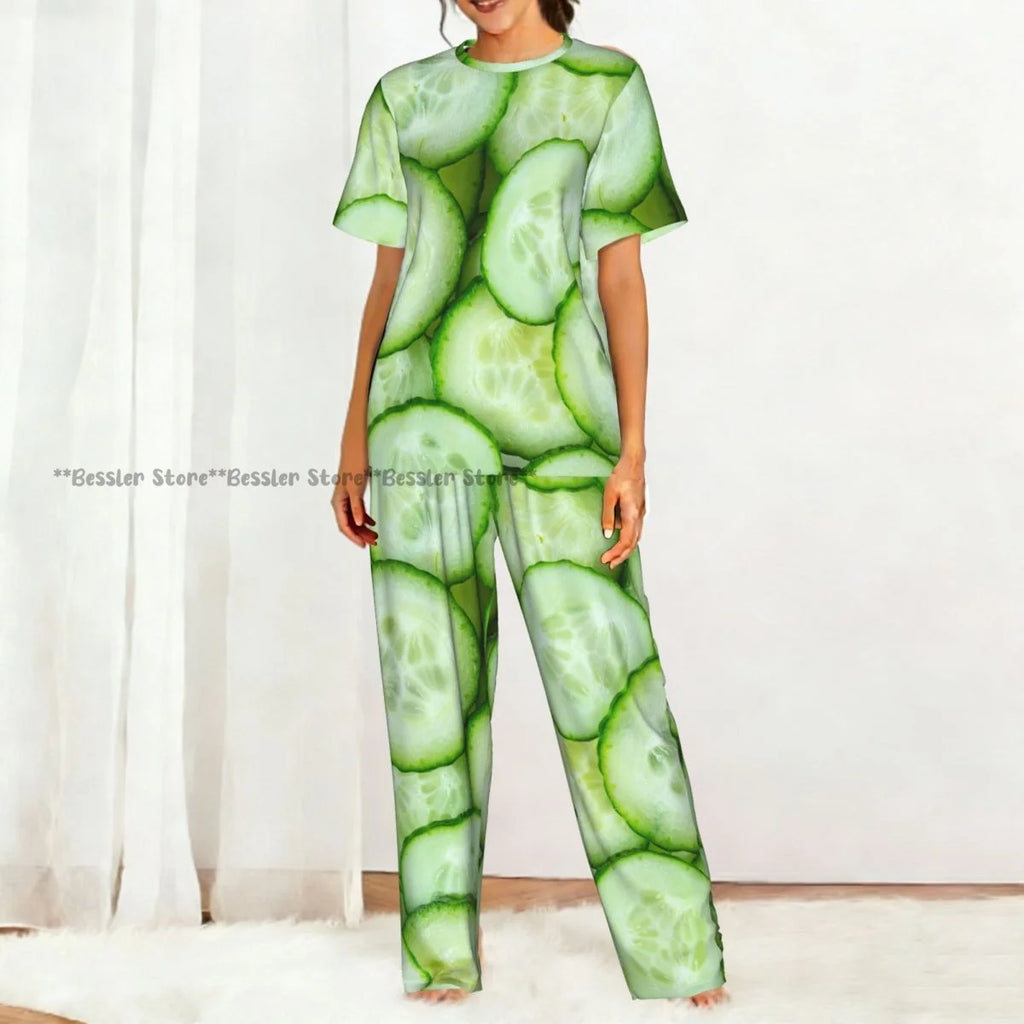 Women Pajama Sets Lounge Sleepwear Cucumbers Cut Print Short Sleeve Nightwear