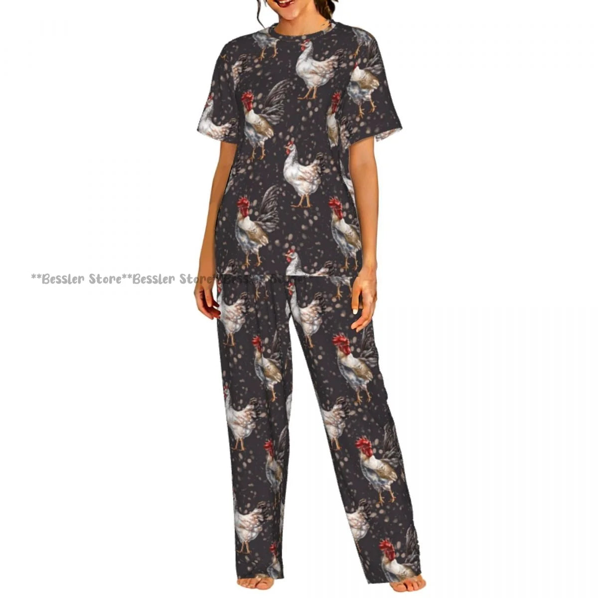 Women's Comfort Pajamas Women's Hand Drawn Rooster Hens And Chickens Short Sleeve Set Sleepwear