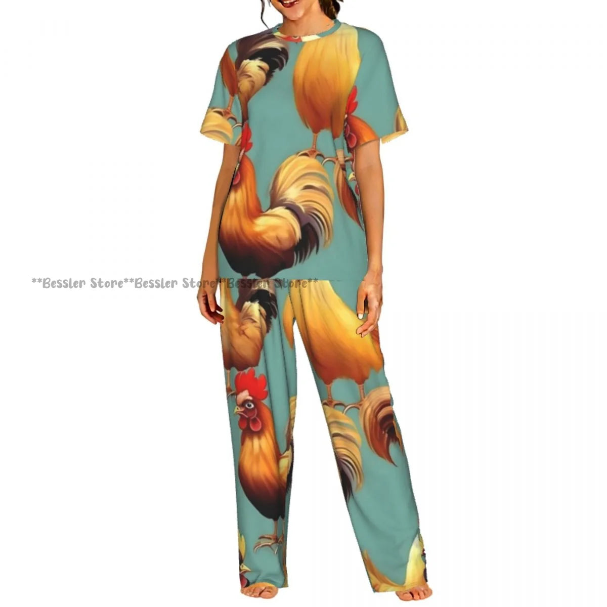 Women's Comfort Pajamas Women's Hand Drawn Rooster Hens And Chickens Short Sleeve Set Sleepwear