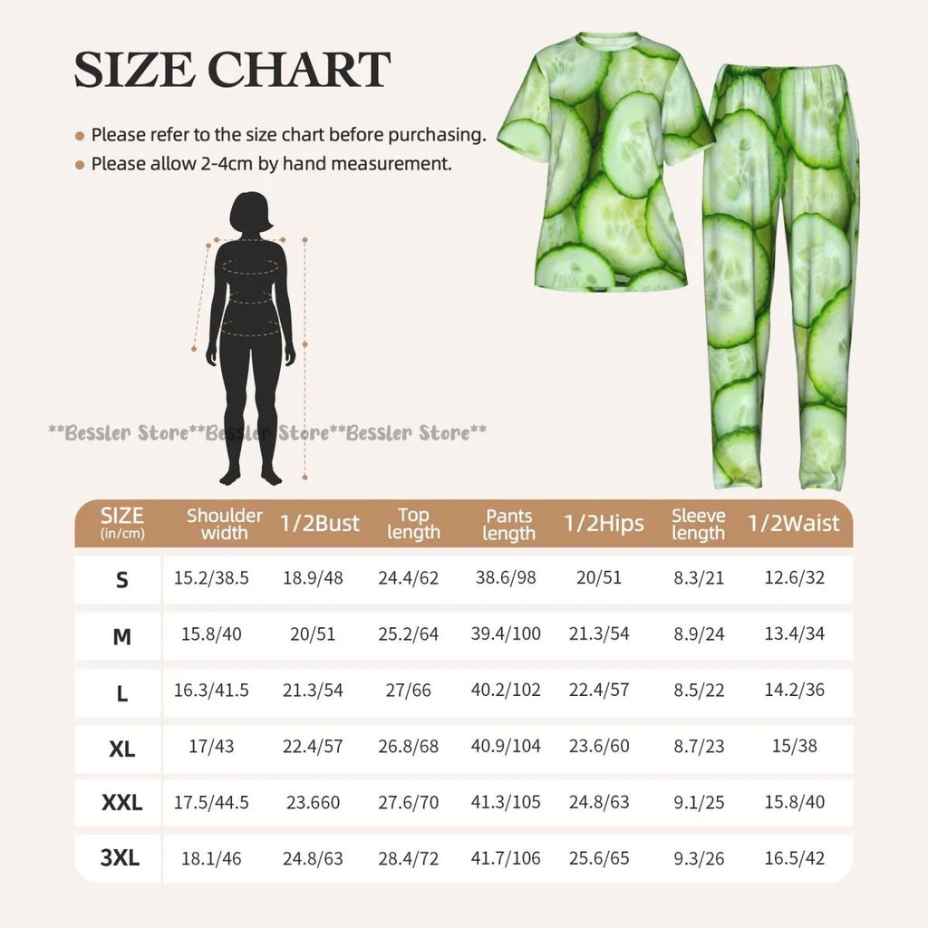 Women Pajama Sets Lounge Sleepwear Cucumbers Cut Print Short Sleeve Nightwear