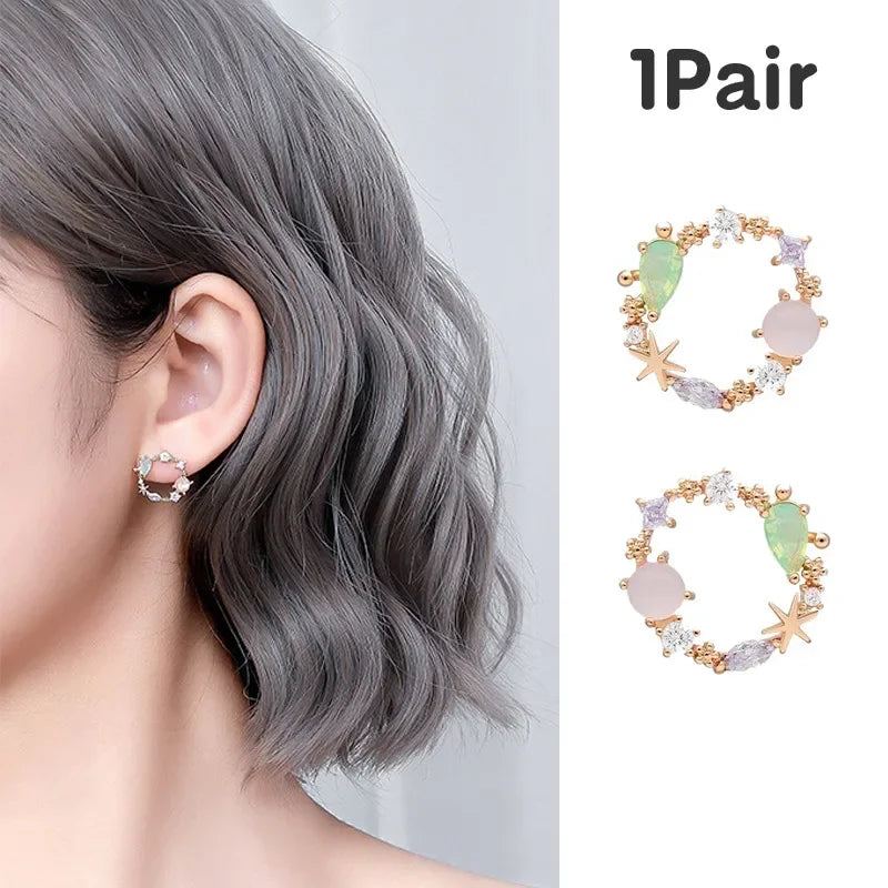 Simple  Flower Stud Earrings for Women Girl Round Garland Colored Crystal Earrings Party Jewelry Gift   aretes de mujer